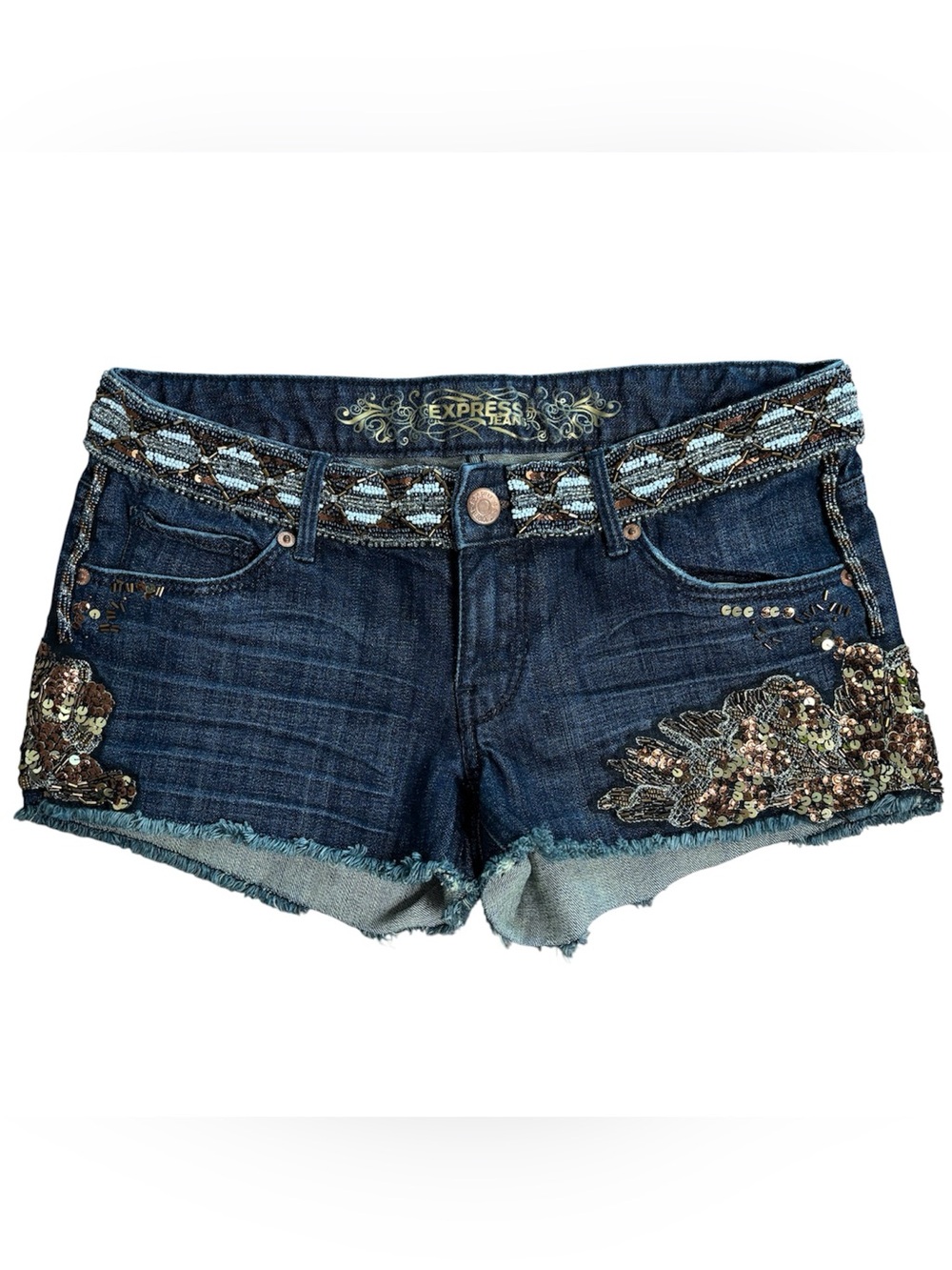Express Denim Jean Shorts Beaded Sequins Bling Embellished Gold Brown Size 4